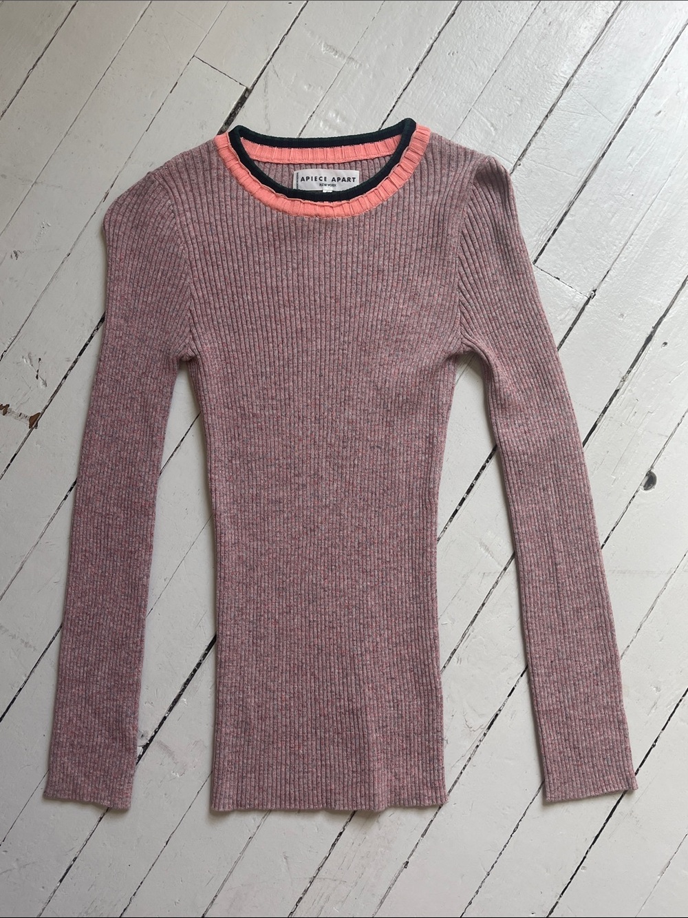 Apiece Apart Heather Pink Ribbed Cotton Crewneck with Coral and Black Trim, NWOT